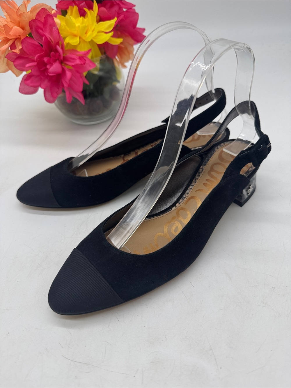 Sam Edelman Black Suede Cap Toe Sling Back Low Heel Size 6.5